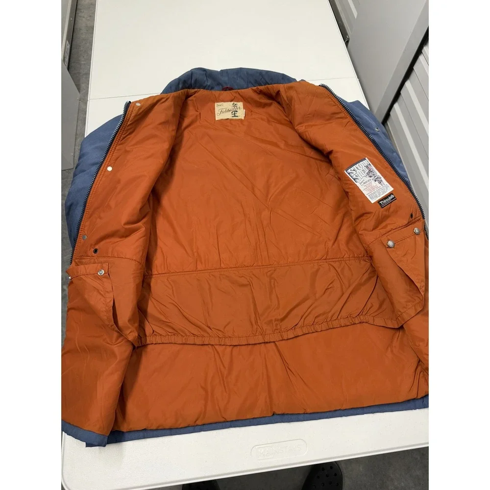 Vintage Sears Fieldmaster Work Jacket Blue Orange Lined Chest Pockets Snap Men L